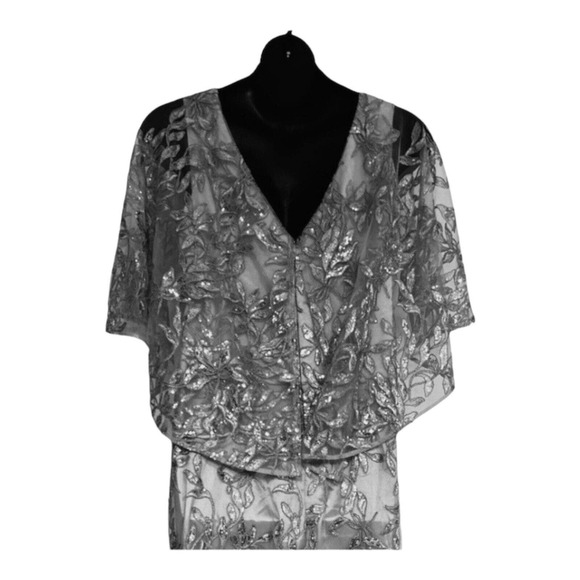 Midnight Velvet Sequin Floral Formal Gray Evening Gown Black Tie Maxi Maxi Dress - Picture 12 of 16